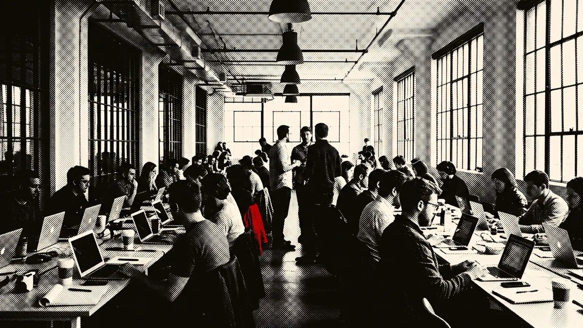 A room full of people at laptops, one red jacket